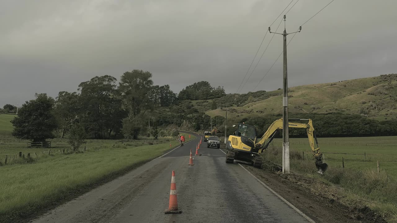 Excavator cutting a drain along the edge of a sealed rural road with cones and a stop go controller