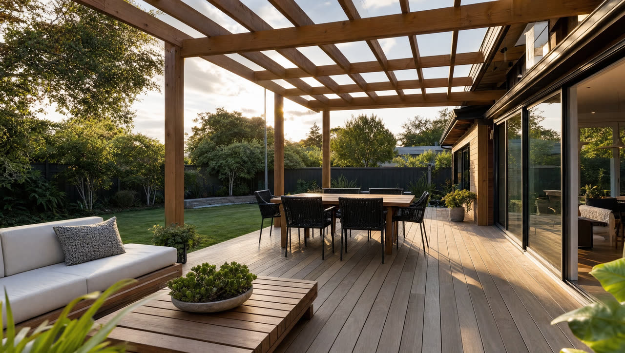 Finished timber deck and pergola off the back of a modern home