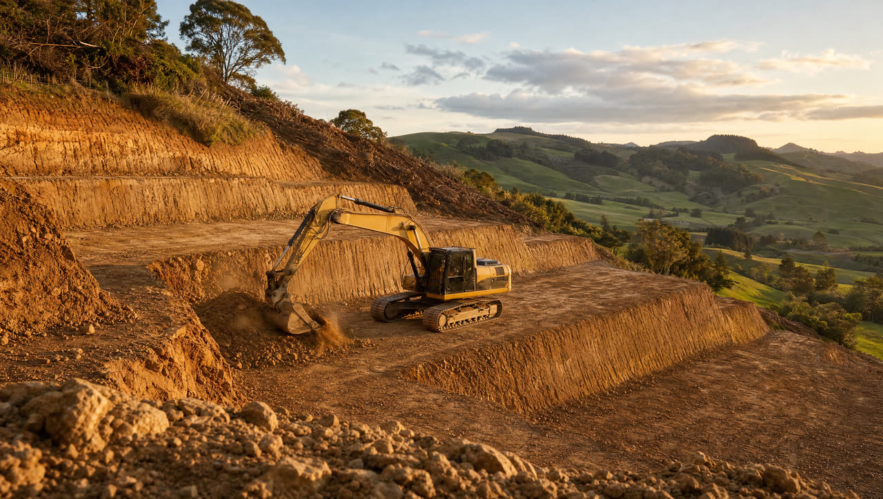 Excavator cutting a benched building platform into a hillside at golden hour