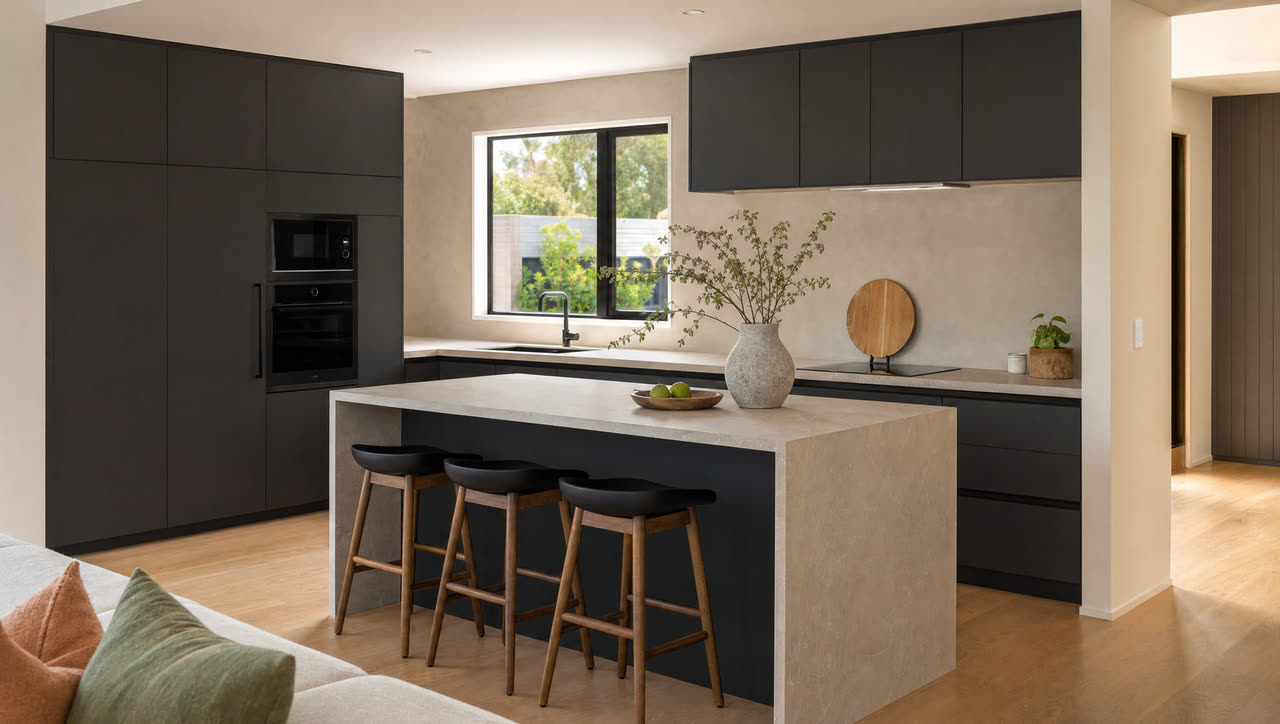 Finished modern kitchen with island, stone benchtop and dark cabinetry