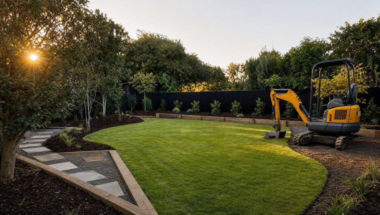 Finished back yard with new lawn, timber edging and planted borders