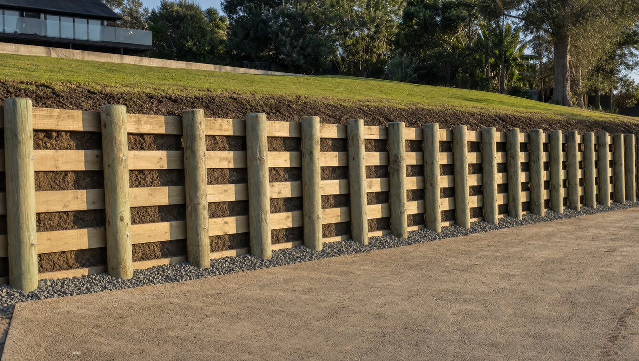 Finished timber pole retaining wall holding a cut bank, with gravel backfill