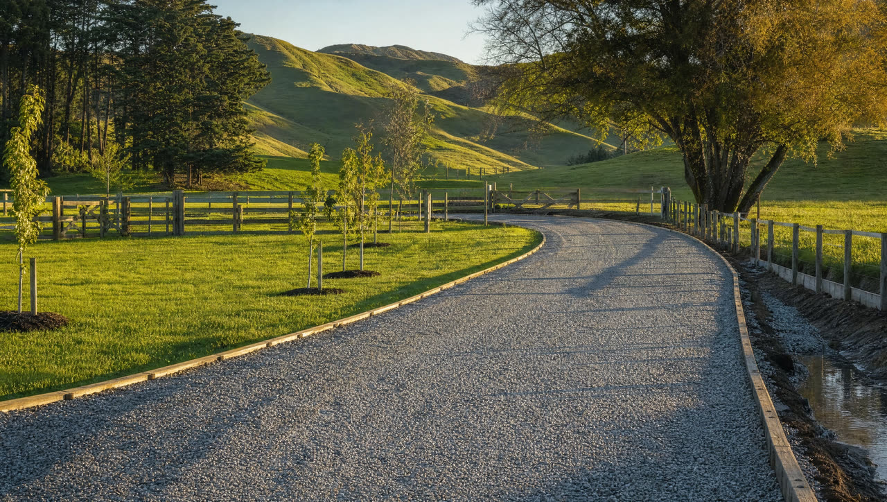 Newly built gravel driveway curving through a rural property